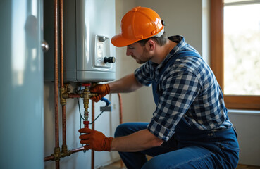 Pro plumber in hard hat adjusts water heater pipes. Wears gloves, overalls. Technician performs maintenance, checks system. Worker repairs equipment in house. Man ensures hot water supply, proper