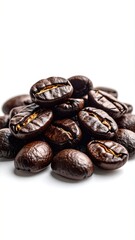 Obraz premium Pile of roasted coffee beans, close-up against white background