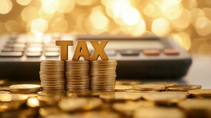 Stacks of gold coins with the word tax beside a calculator represent business, finance, and economy, symbolizing savings, planning, and financial growth in accounting and money management concepts - Powered by Adobe