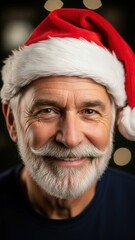 Portrait of a joyful senior man with a white beard wearing a red Santa hat smiling happily