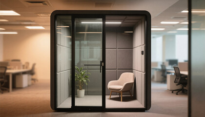 Closed relaxation pod with chair and plant in modern office space, serene atmosphere
