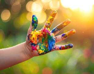 Child's hand covered in vibrant paint, open to the sun. Blurry green background