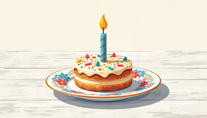 Birthday cake with candle, festive mood, placed on floral plate, light background