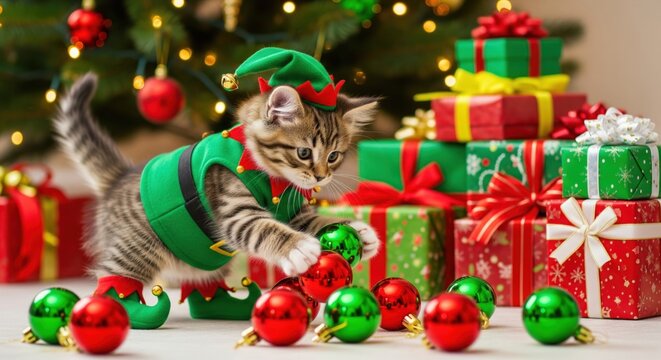 Fluffy kitten in elf costume playing with red and green ornaments near wrapped gifts for Christmas and Happy New Year