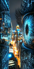 Close-up of futuristic blue cityscape reflections in glass eyes