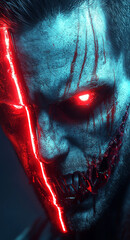 cybernetic horror portrait with red neon scars