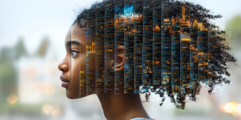 Portrait of a woman with cityscape overlay in hair
