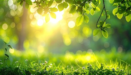 Sunlit foliage. Green leaves, grass, sunbeams, and bokeh create a serene nature scene