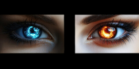 Futuristic eyes with blue and orange digital cores