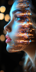 Side profile of woman with digital city lights reflected on face