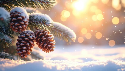 Snowy pine cones and evergreen branches with bokeh in winter light