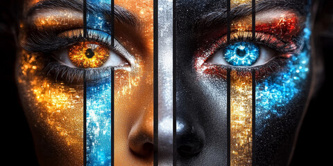 Close-up of a split-face cyborg with fiery orange and icy blue eyes