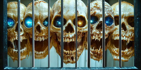 Skeleton display behind metal bars with glowing eyes