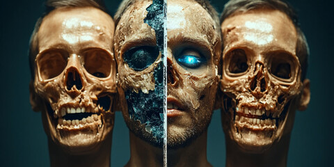 Three skulls and a masked figure split by a metallic seam