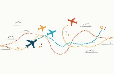 Obraz premium Multiple colorful airplanes fly across light background. Plane leaves distinct dotted path, marking travel route with map pins for start, destination points. Graphic illustrates global air transport,