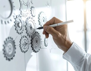 Hand sketching gears on whiteboard, showing design and innovation