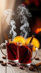 Two steaming mugs of traditional mulled wine with orange and cinnamon evoke cozy warm festive winter holiday
