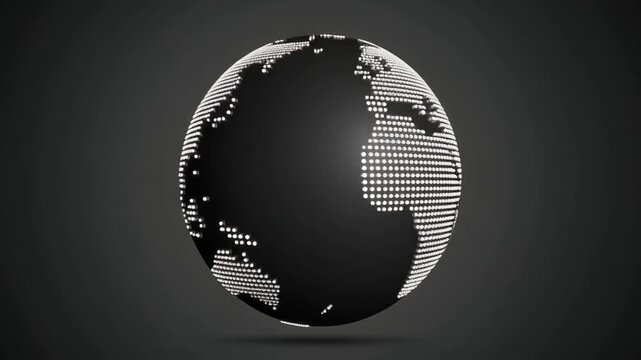 Black background vector illustration of a global technology concept with a blue 3D sphere world map, showing continents like Europe, Asia, and America