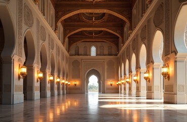 Fototapeta premium Ornate interior of a mosque with arches and intricate design. The hall has warm lighting and marble floor. Light shines through the entrance adding to the atmosphere.