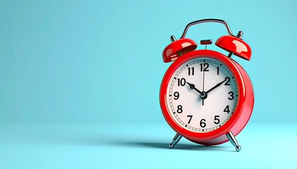 Red alarm clock on a blue background, showcasing time