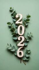 Wooden 2026 numbers adorned with fresh eucalyptus leaves on a soft green background representing nature growth