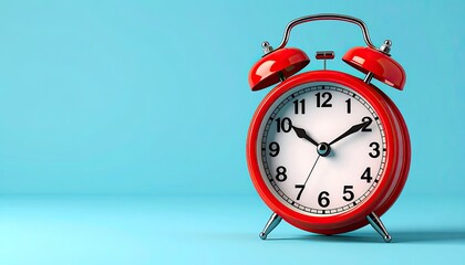 Red alarm clock on blue background. Showing time. Ready to ring