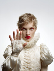Woman in renaissance white dress with ruff collar gesturing stop sign towards camera