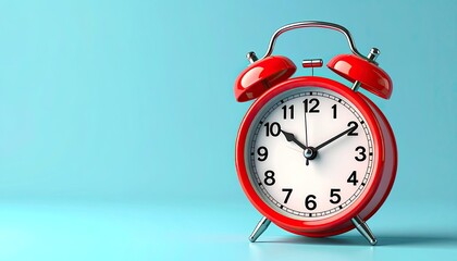 Red analog alarm clock, centered, with a blue backdrop