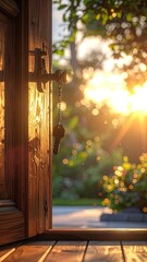 Wooden door opens to bright sunlight, with keys dangling