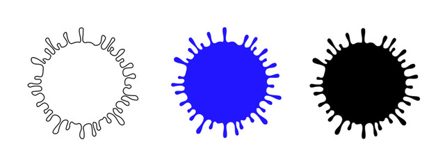 Trio of Ink Splatter Illustrations in Black Outline, Blue Fill and Solid Black Isolated on White