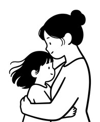 A black and white doodle illustration drawn with a marker of a mother who hugs her daughter on a white isolated background. Vector graphics. EPS.