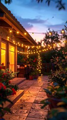 Cozy patio scene with string lights, flowers, and a warm sunset sky