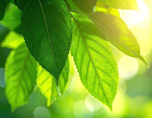 Lush green leaves with sunlight bokeh, natural beauty