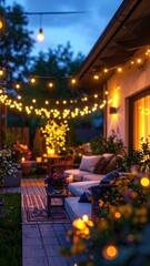 Cozy backyard scene at dusk, warm lights, outdoor seating, and garden ambiance