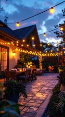 Backyard patio scene with string lights at dusk, inviting ambiance
