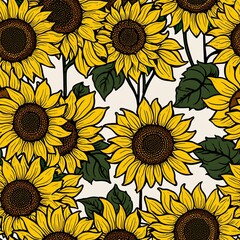 Vibrant yellow sunflowers with green leaves seamless pattern, one tile