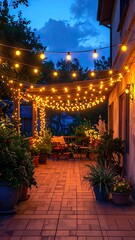 Evening patio scene, string lights glow, plants decorate the space, inviting ambience