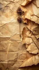 Crumpled parchment background with dried plant stems, vintage, rustic feel