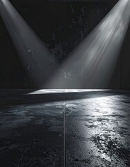 Dramatic lighting, empty stage with two spotlights, concrete floor, dark background
