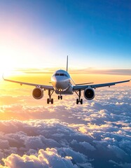 Airplane soaring through clouds, bathed in sunrise glow