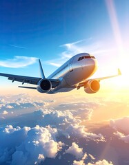 Airplane soaring above fluffy clouds towards bright, sunlit sky