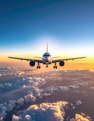 Jet aircraft in flight with sunlight piercing through fluffy clouds at dawn