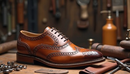 Detailed view of a classic brown brogue shoe on an artisan workbench. Tools and leather surround the elegant footwear, highlighting skilled craftsmanship and traditional repair.