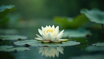 White lotus flower floats on calm water surface. Delicate petals open towards sunlight on quiet pond. Green lily pads surround bloom, reflects perfectly in mirror like water.