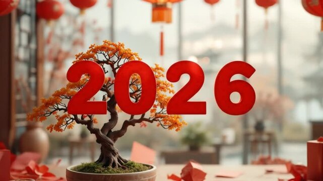 Chinese New Year 2026 celebrations with red envelopes, lanterns, bonsai money trees, and festive decorations indoors. 4k video