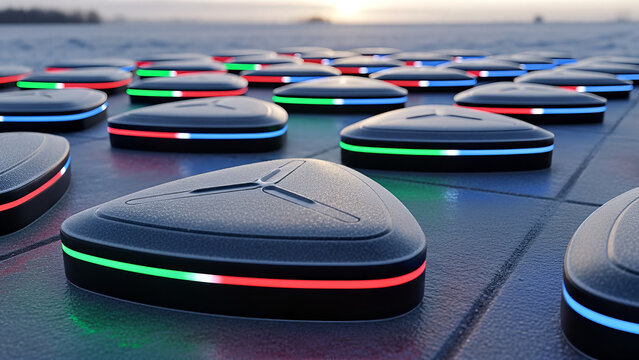 Futuristic triangular devices with colorful LED lights arranged on a surface at sunset.