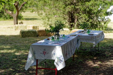 Rustic outdoor picnic table set up with embroidered tablecloth and hay bales