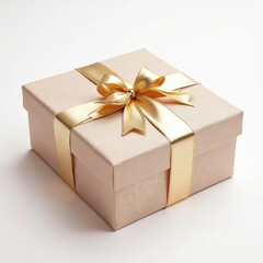 Obraz premium Gift box with gold ribbon on white background. Present wrapped in beige paper with golden bow. Box for birthday, celebration or special occasion.