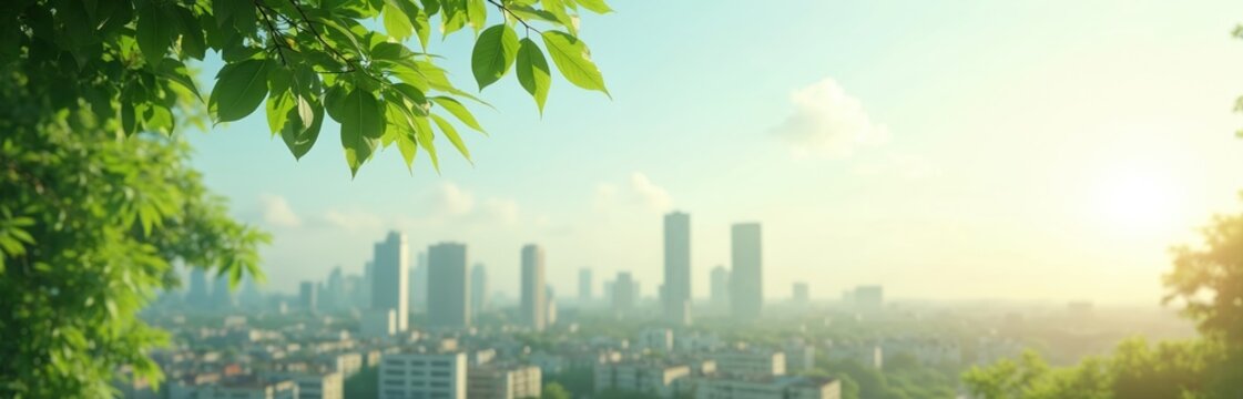Bright green leaves frame a hazy city skyline under a warm sun. Buildings and trees merge in a soft focus view promoting urban nature and clean air.