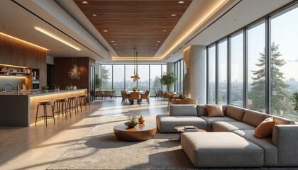 Open concept luxury apartment features modern kitchen, dining area, living room with large windows. Natural light streams in, contemporary furniture, cityscape view. Stylish space for remote work
